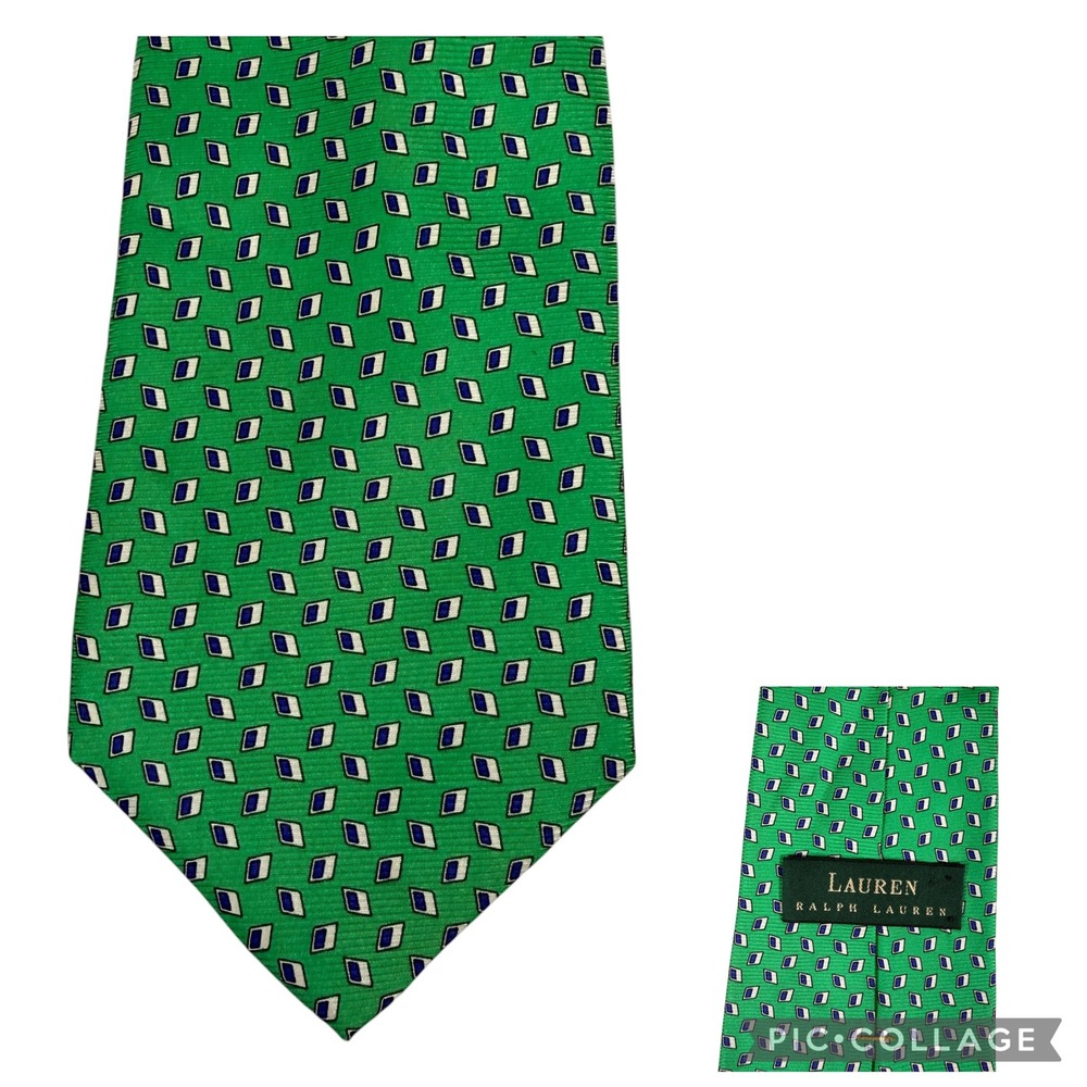 Ralph Lauren Mens Green Purple Geometric Diamond Silk Necktie Made in USA 57"